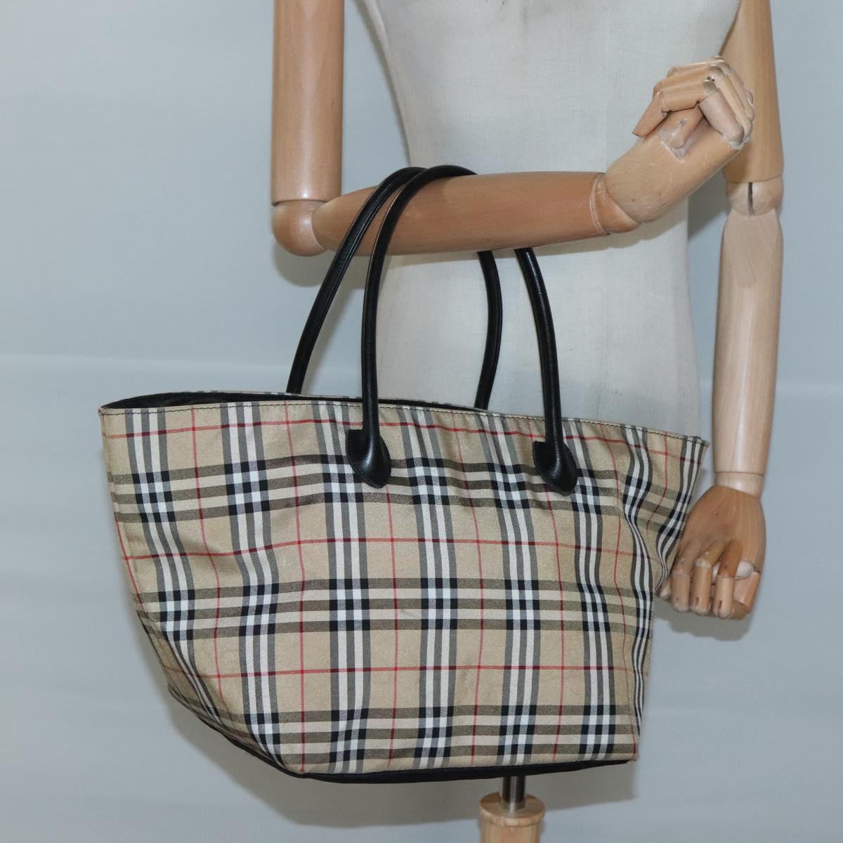 Burberrys Nova Check Blue Label Tote Bag Nylon Beige Silver Auth kk487