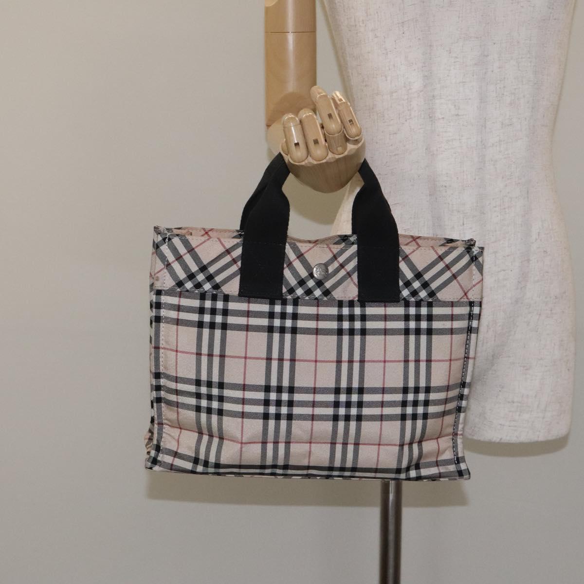 BURBERRY Nova Check Blue Label Hand Bag Nylon Beige Silver Auth kk500