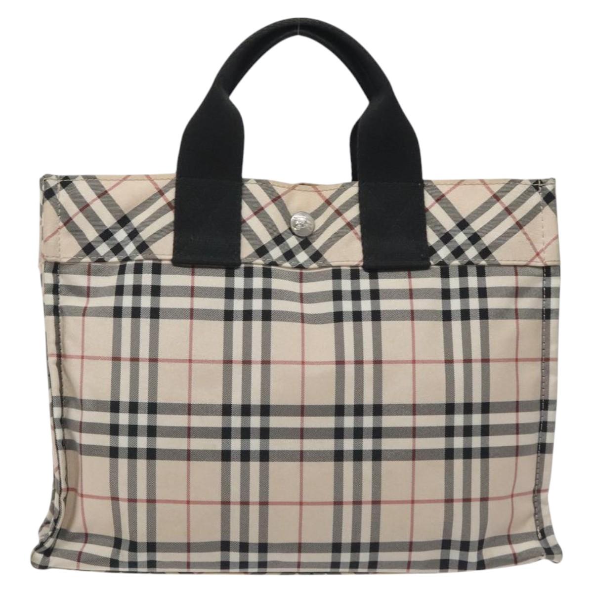 BURBERRY Nova Check Blue Label Hand Bag Nylon Beige Silver Auth kk500