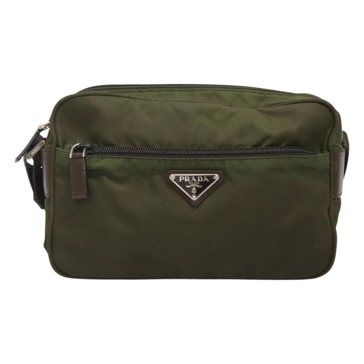 PRADA Shoulder Bag Nylon Khaki Silver Auth kk507