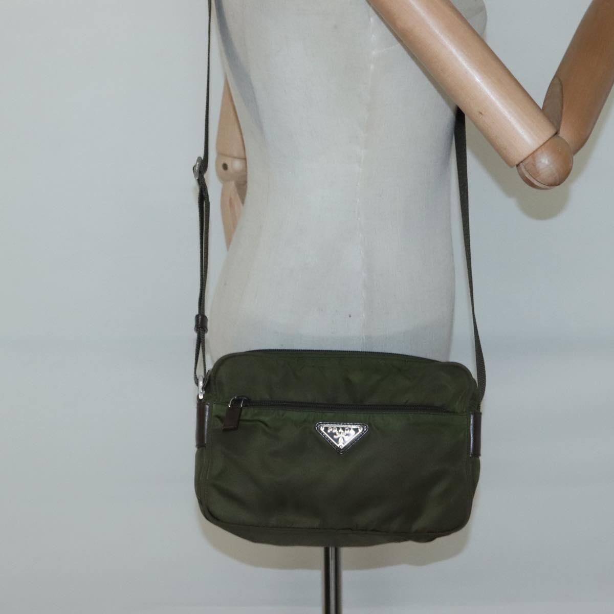 PRADA Shoulder Bag Nylon Khaki Silver Auth kk507
