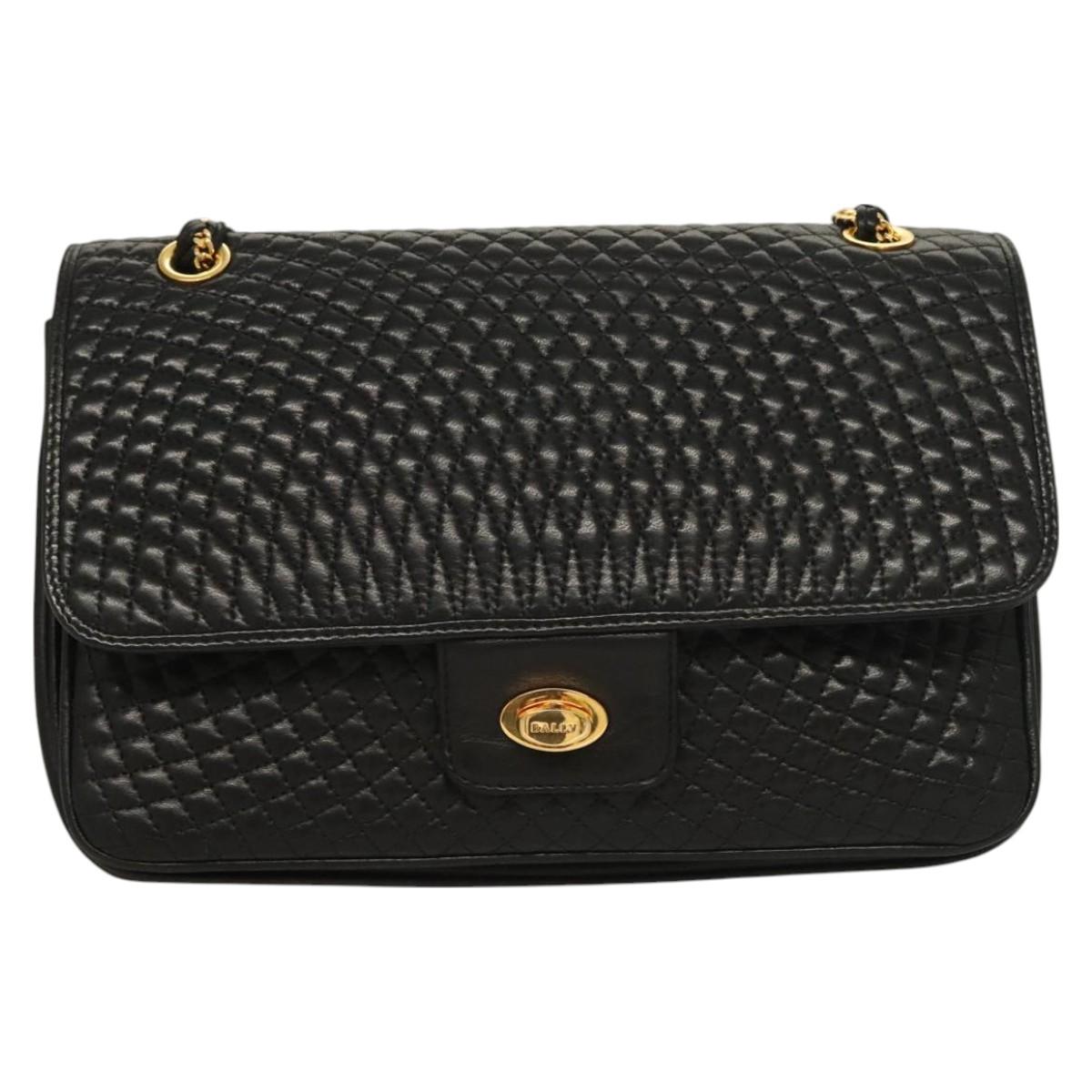 BALLY Chain Shoulder Bag Leather Black Gold Auth kk524