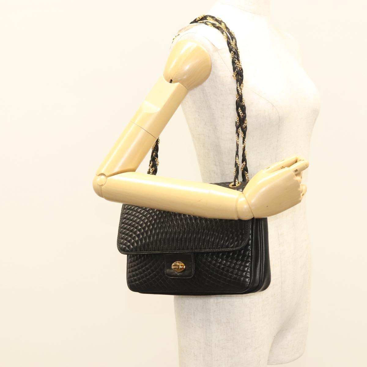 BALLY Chain Shoulder Bag Leather Black Gold Auth kk524