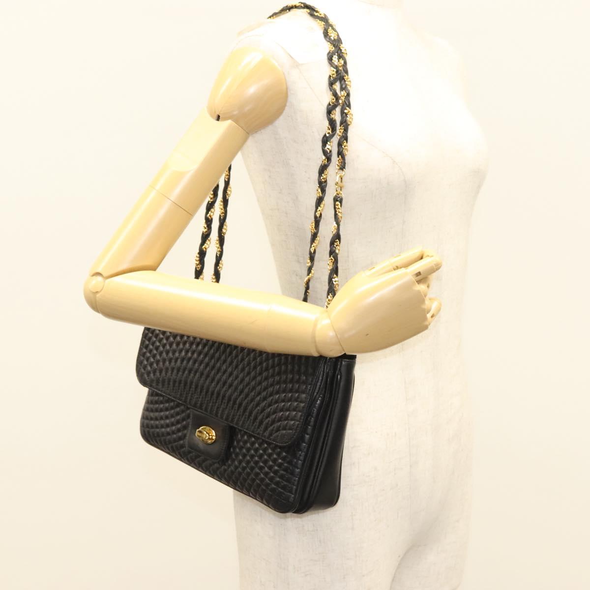 BALLY Chain Shoulder Bag Leather Black Gold Auth kk526