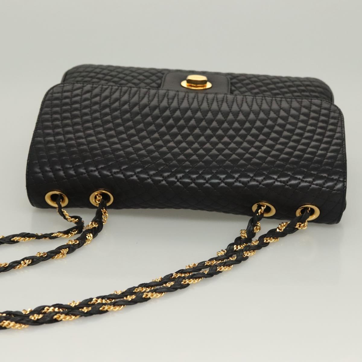 BALLY Chain Shoulder Bag Leather Black Gold Auth kk526
