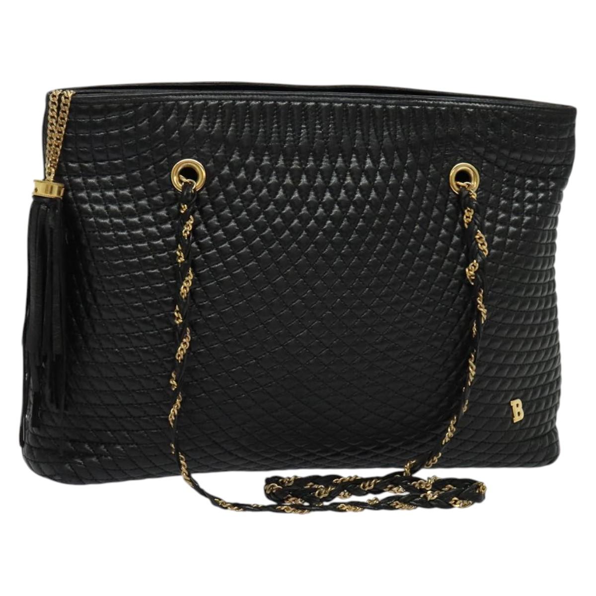 BALLY Chain Shoulder Bag Leather Black Gold Auth kk542