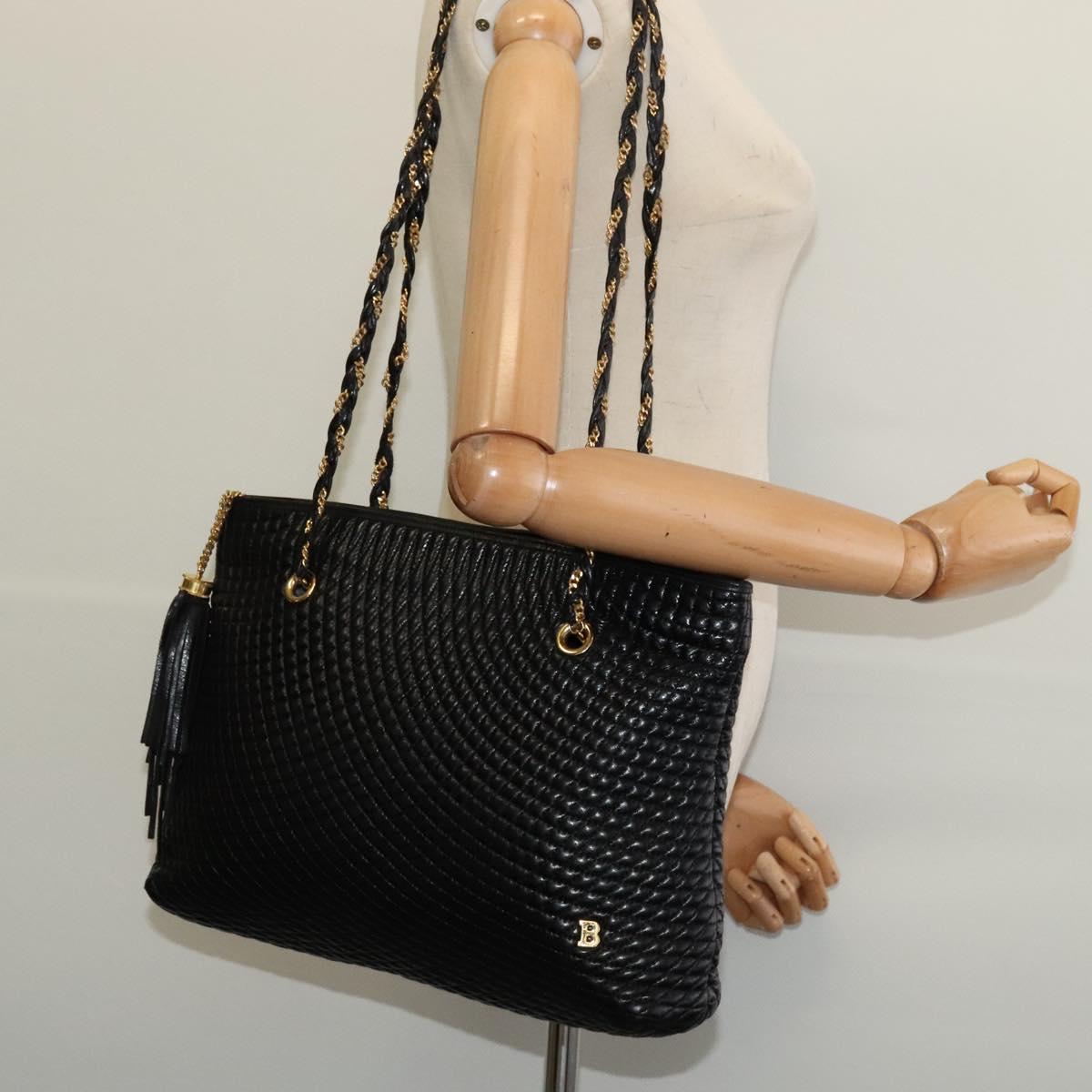 BALLY Chain Shoulder Bag Leather Black Gold Auth kk542