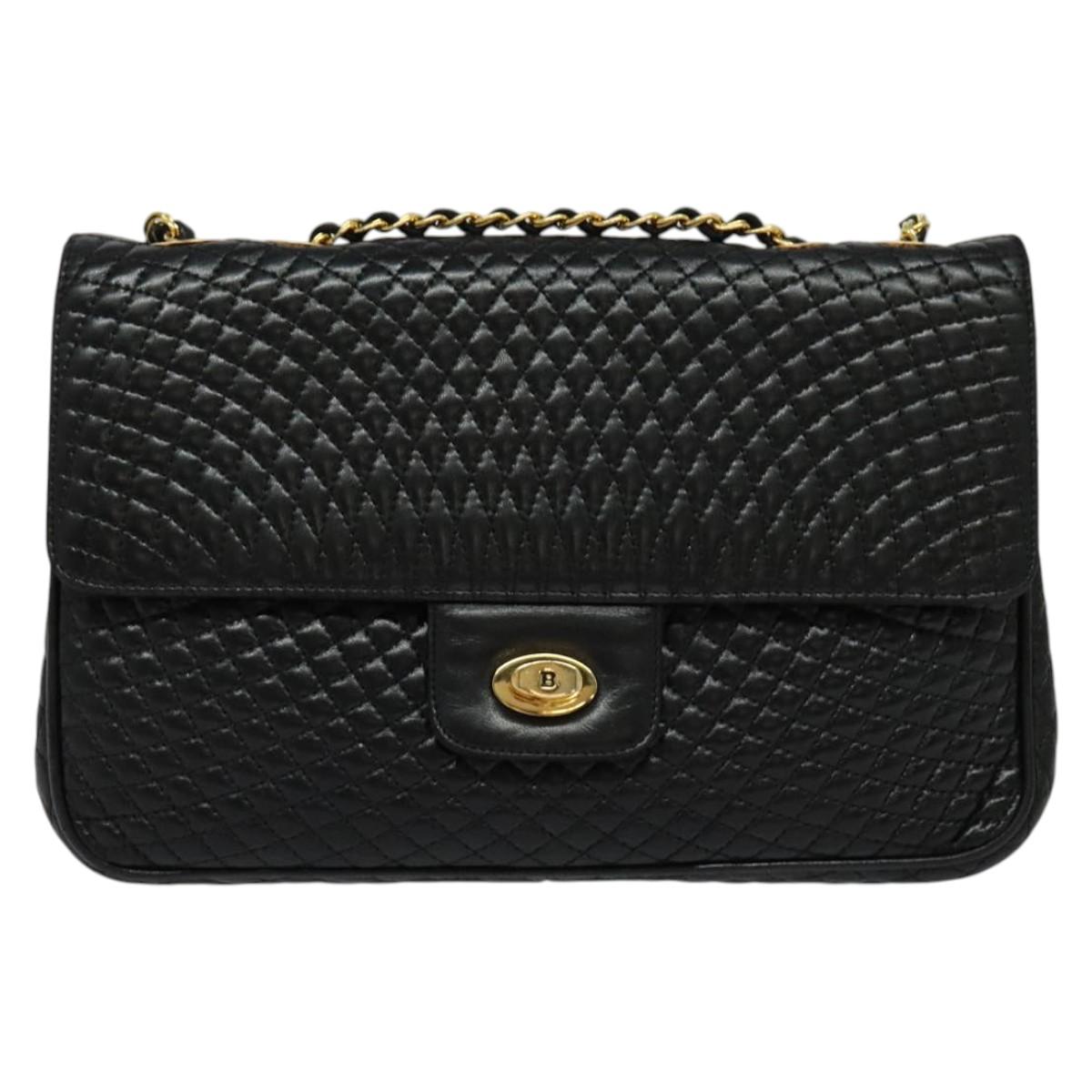 BALLY Chain Shoulder Bag Leather Black Gold Auth kk543