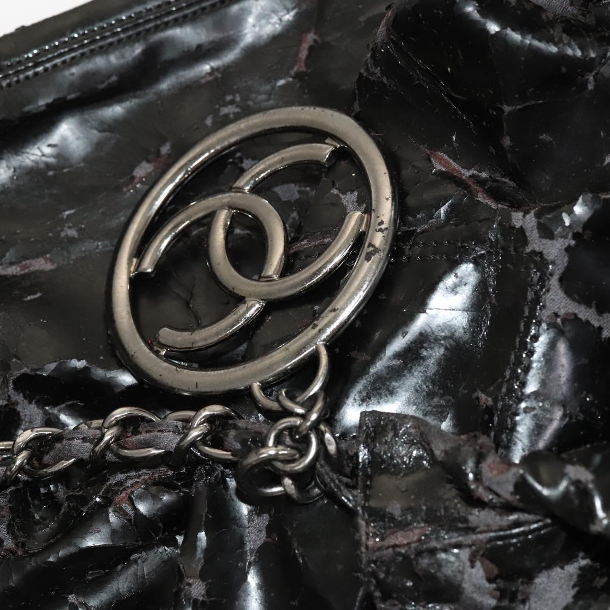 CHANEL Chain Shoulder Bag Coated Canvas Silver Black CC Auth kk553