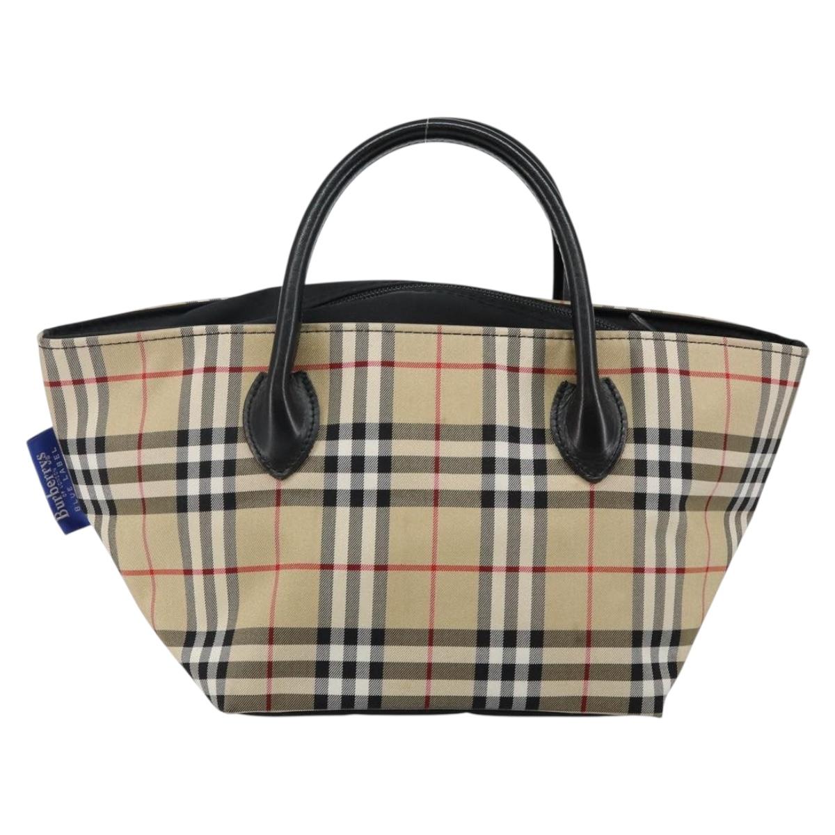 Burberrys Nova Check Blue Label Hand Bag Nylon Beige Silver Auth kk557