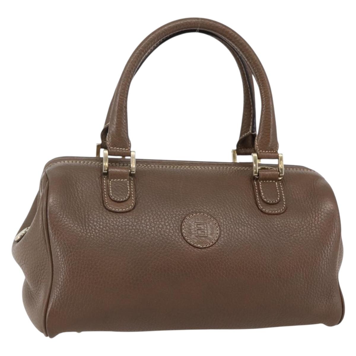 FENDI Hand Bag Leather Brown Gold Auth kk558