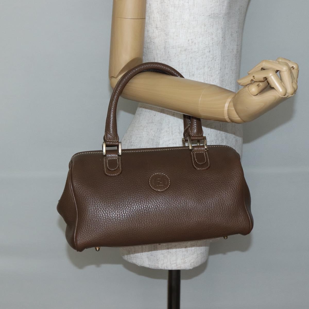 FENDI Hand Bag Leather Brown Gold Auth kk558