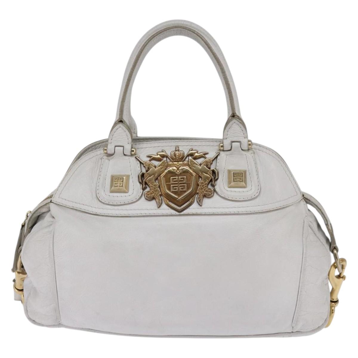 GIVENCHY Hand Bag Leather 2way Gold White Auth kk559