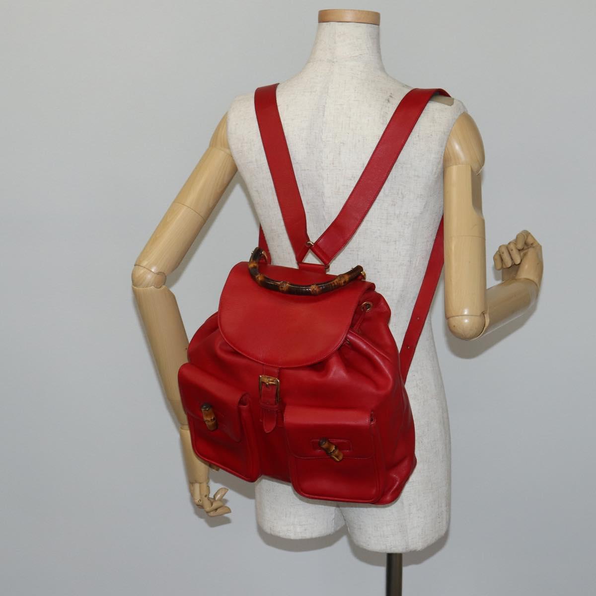GUCCI Bamboo Backpack Leather Red Gold 003 2058 0016 Auth kk563