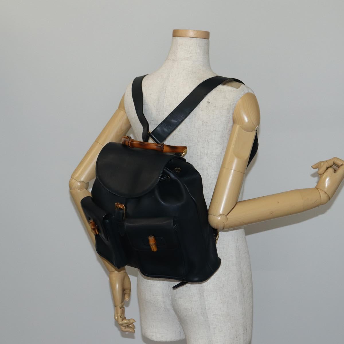 GUCCI Bamboo Backpack Leather Navy Gold 003 2058 0016 Auth kk564