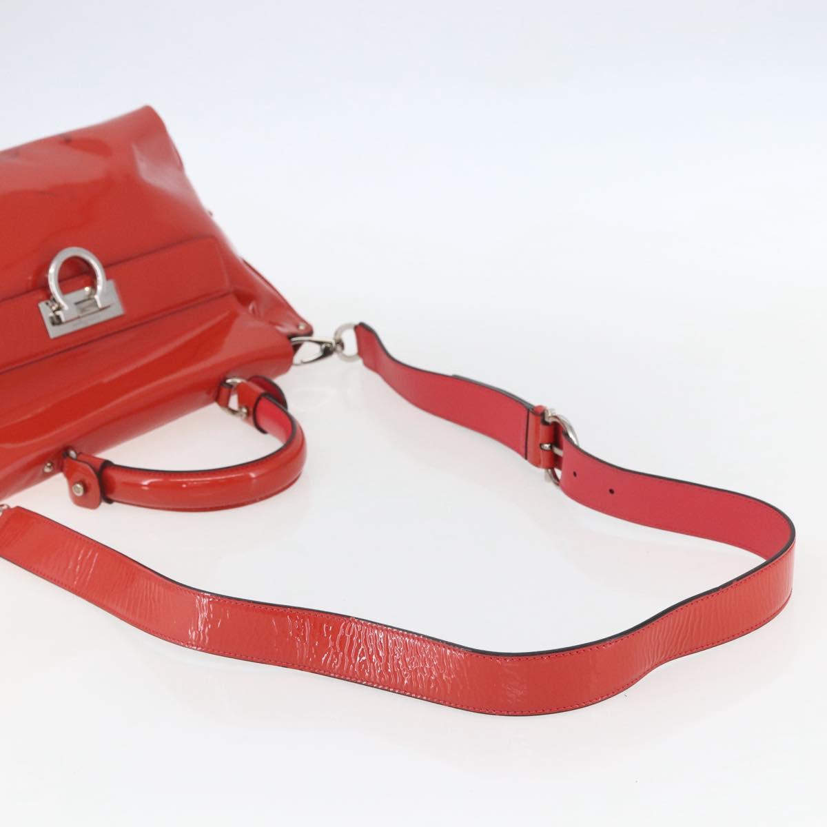 Salvatore Ferragamo Gancini Hand Bag Enamel 2way Red Silver Auth kk576
