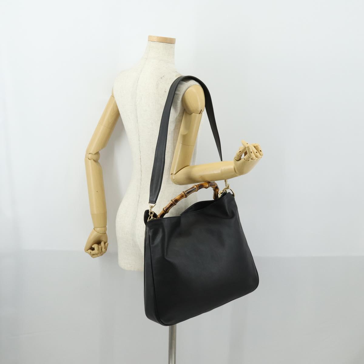 GUCCI Bamboo Shoulder Bag Leather 2way Black Gold 001 1577 2123 Auth kk577