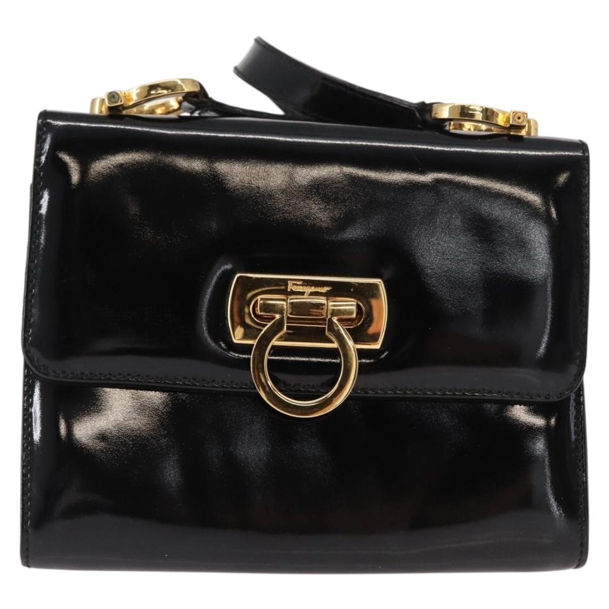 Salvatore Ferragamo Gancini Shoulder Bag Enamel Black Gold Auth kk580