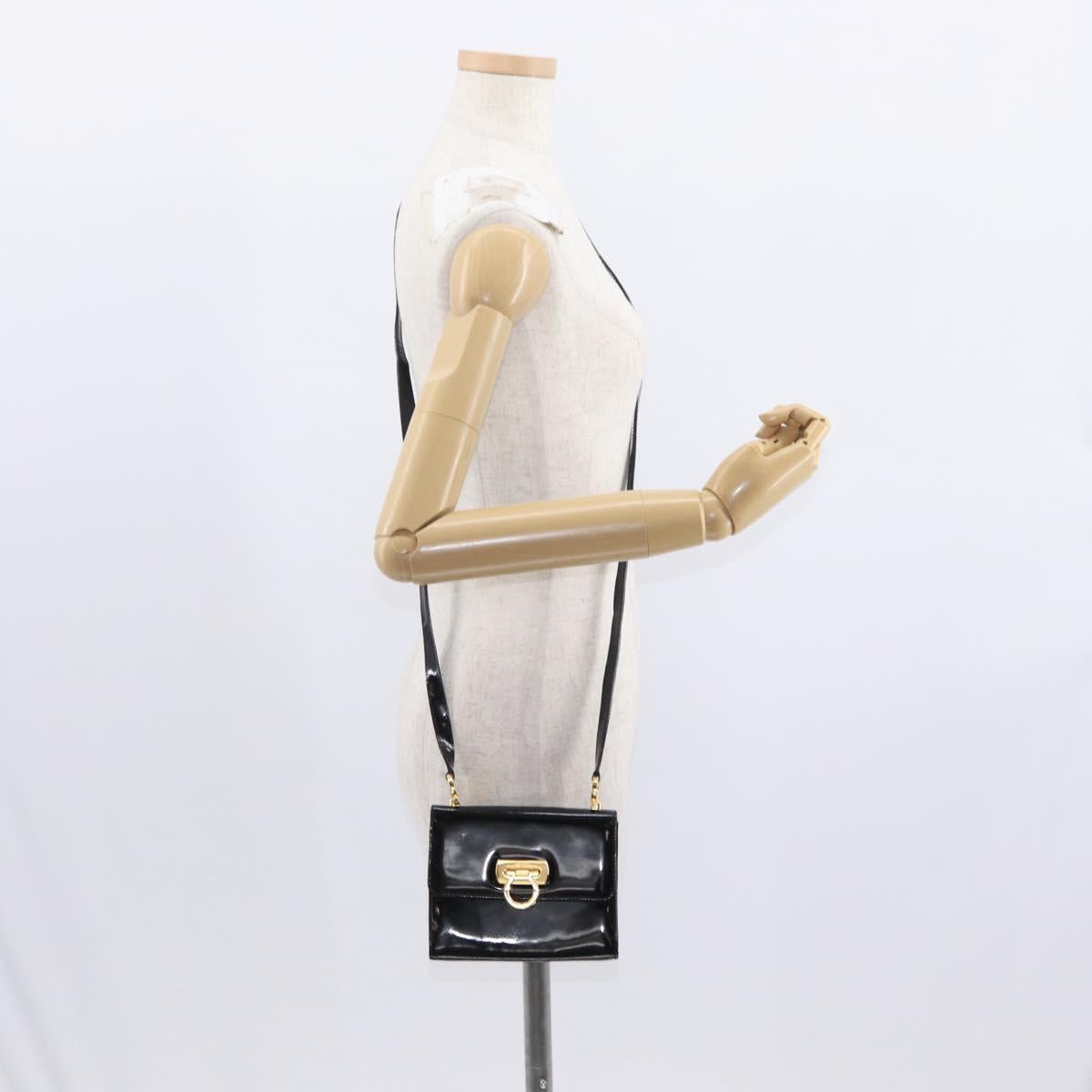 Salvatore Ferragamo Gancini Shoulder Bag Enamel Black Gold Auth kk580