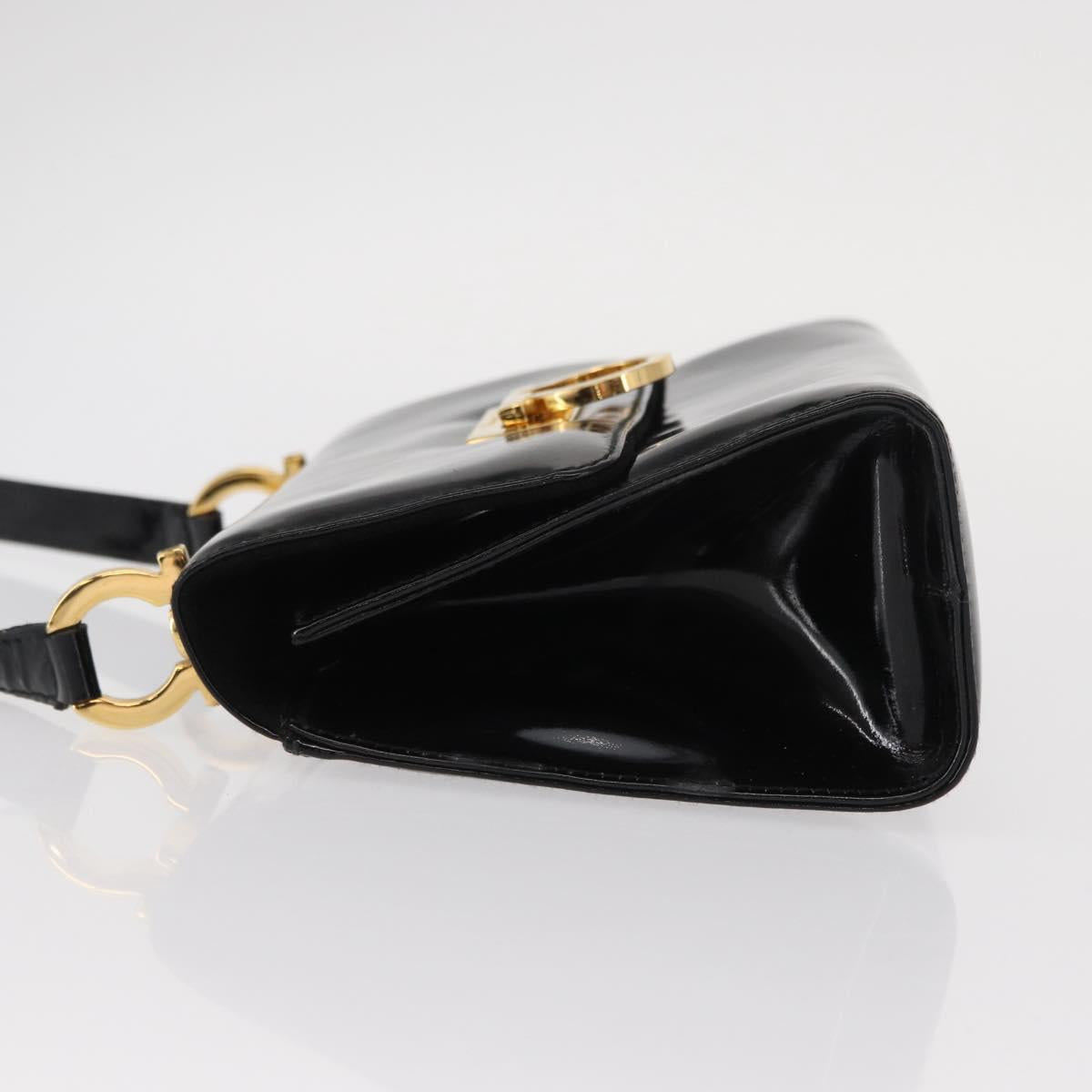 Salvatore Ferragamo Gancini Shoulder Bag Enamel Black Gold Auth kk580