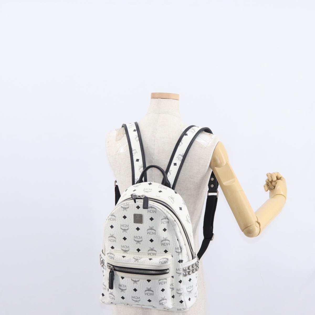 MCM Vicetos Logogram Backpack PVC Leather White Silver Auth kk581