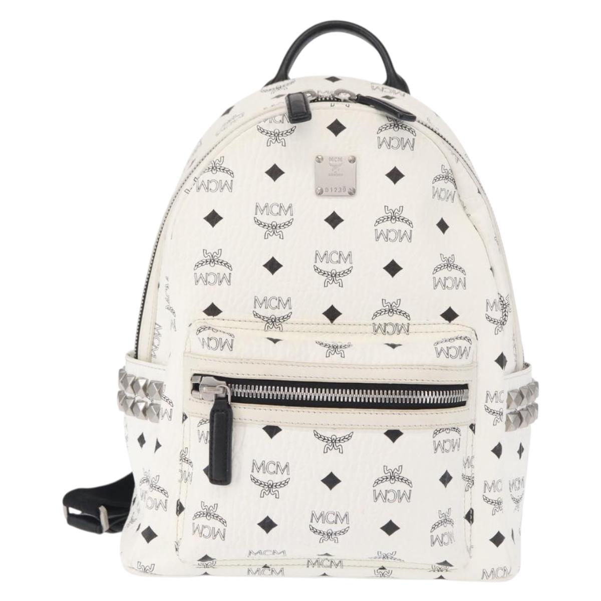 MCM Vicetos Logogram Backpack PVC Leather White Silver Auth kk581