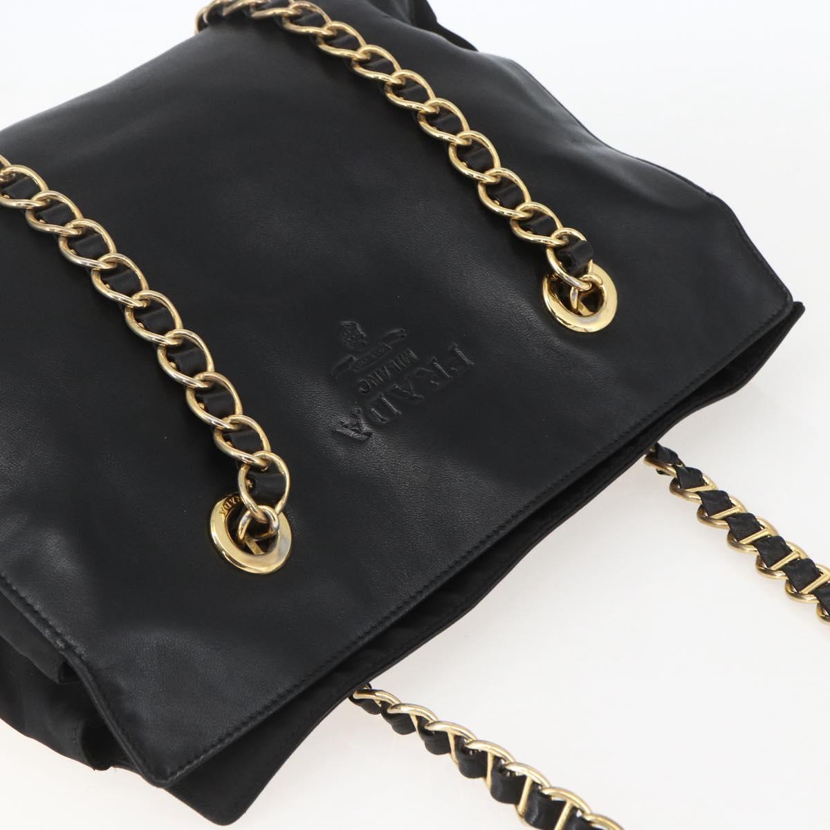 PRADA Chain Tote Bag Leather Black Gold Auth kk585