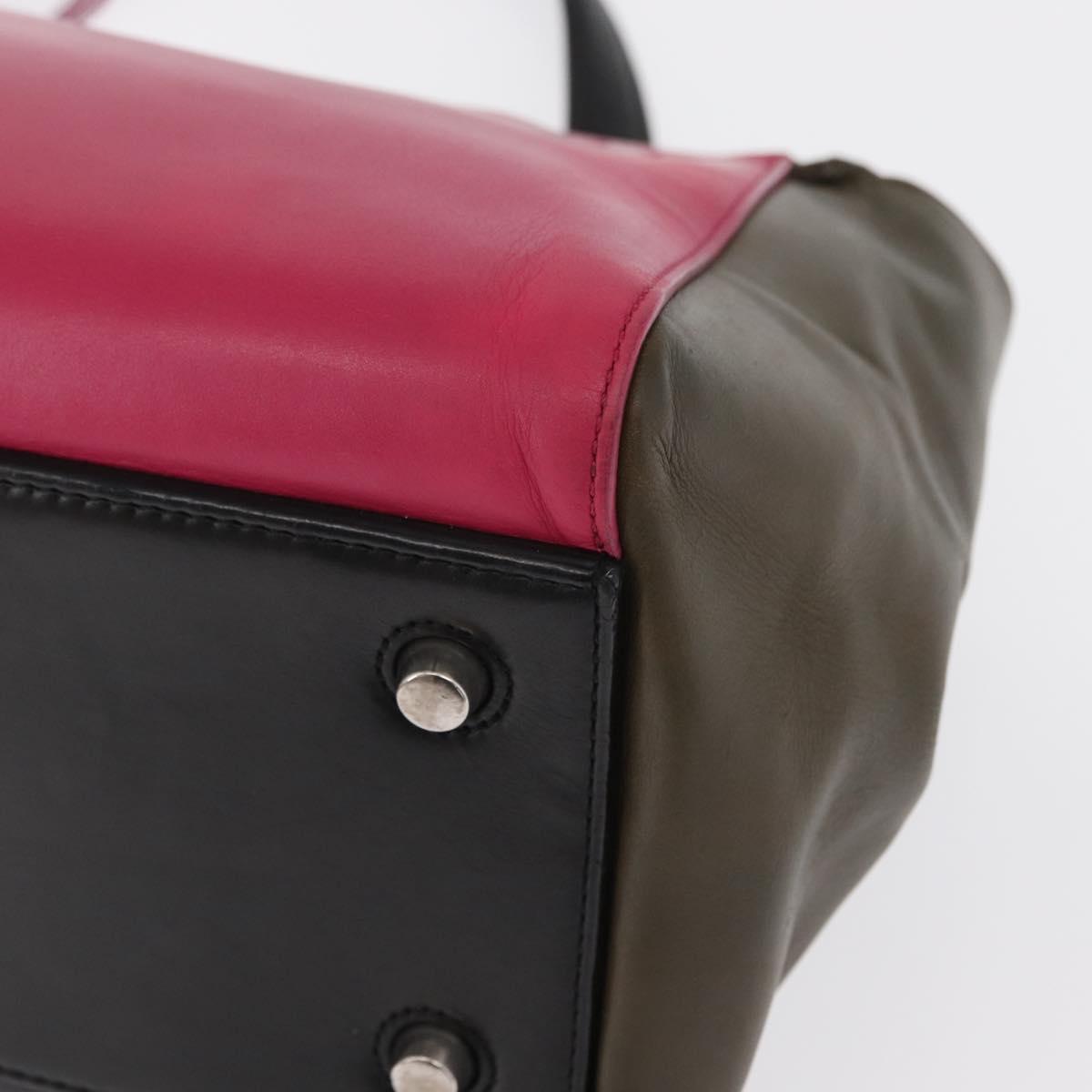 CELINE Edge Small Hand Bag Leather Pink Black khaki Auth kk608