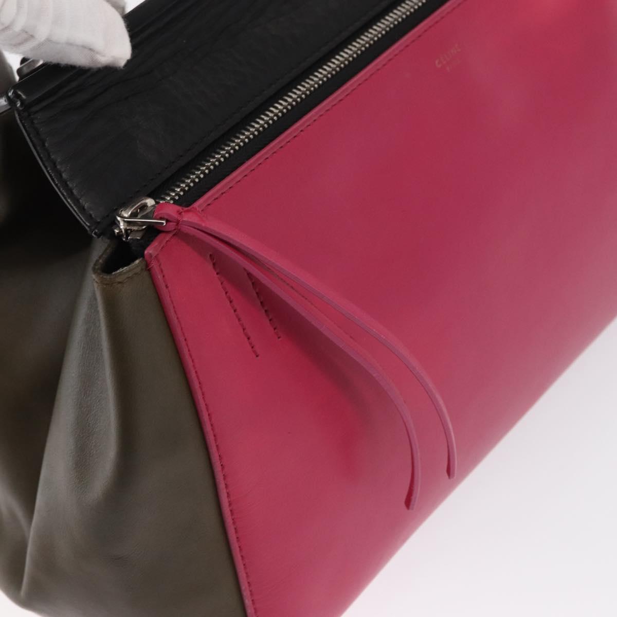 CELINE Edge Small Hand Bag Leather Pink Black khaki Auth kk608