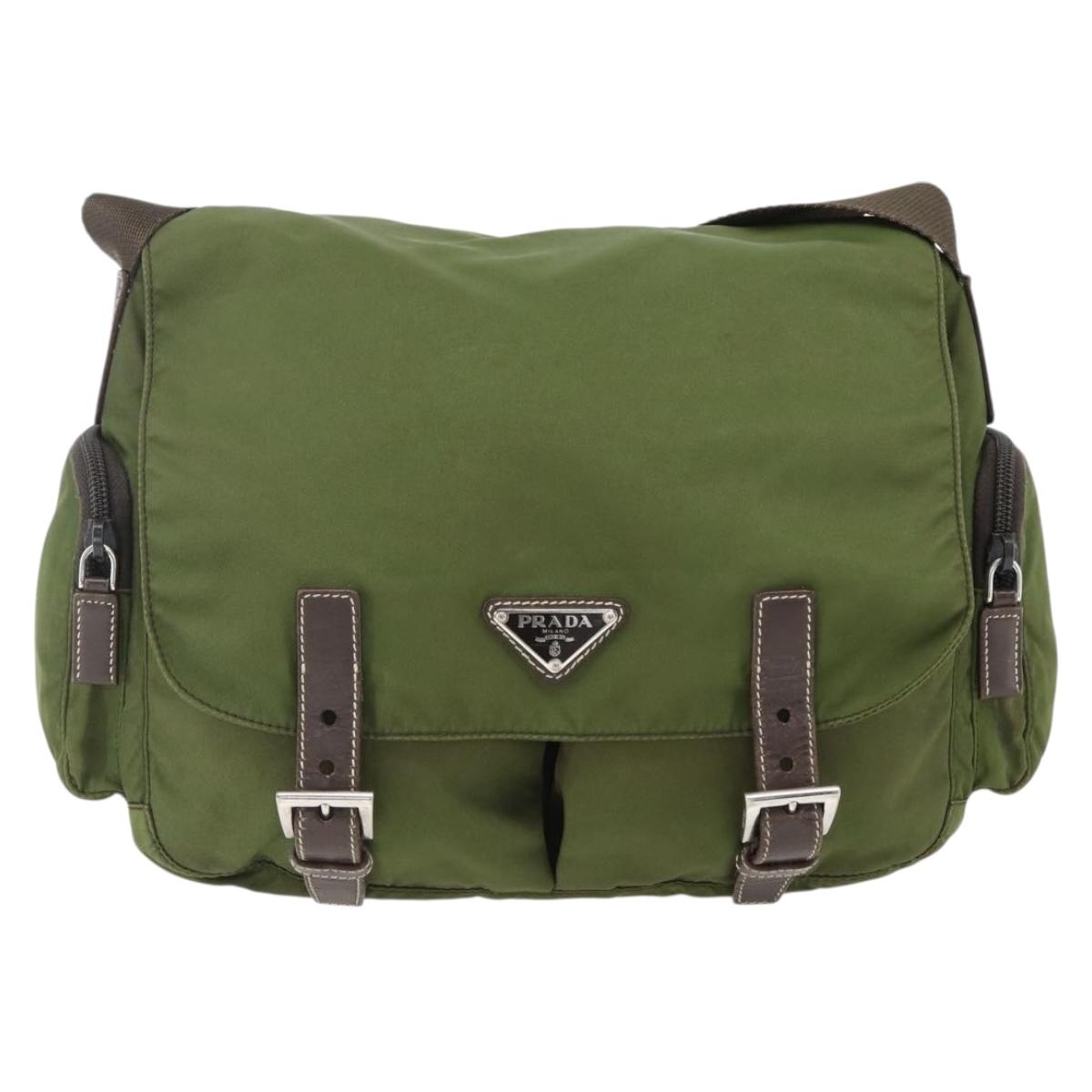 PRADA Shoulder Bag Nylon Silver Khaki Auth kk616