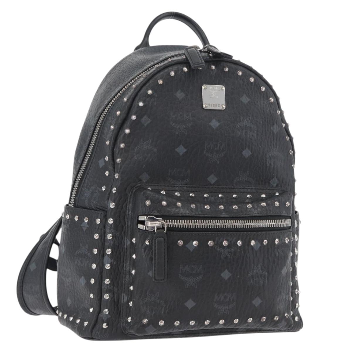 MCM Logogram Vicetos Studs Backpack PVC Leather Black Auth kk619