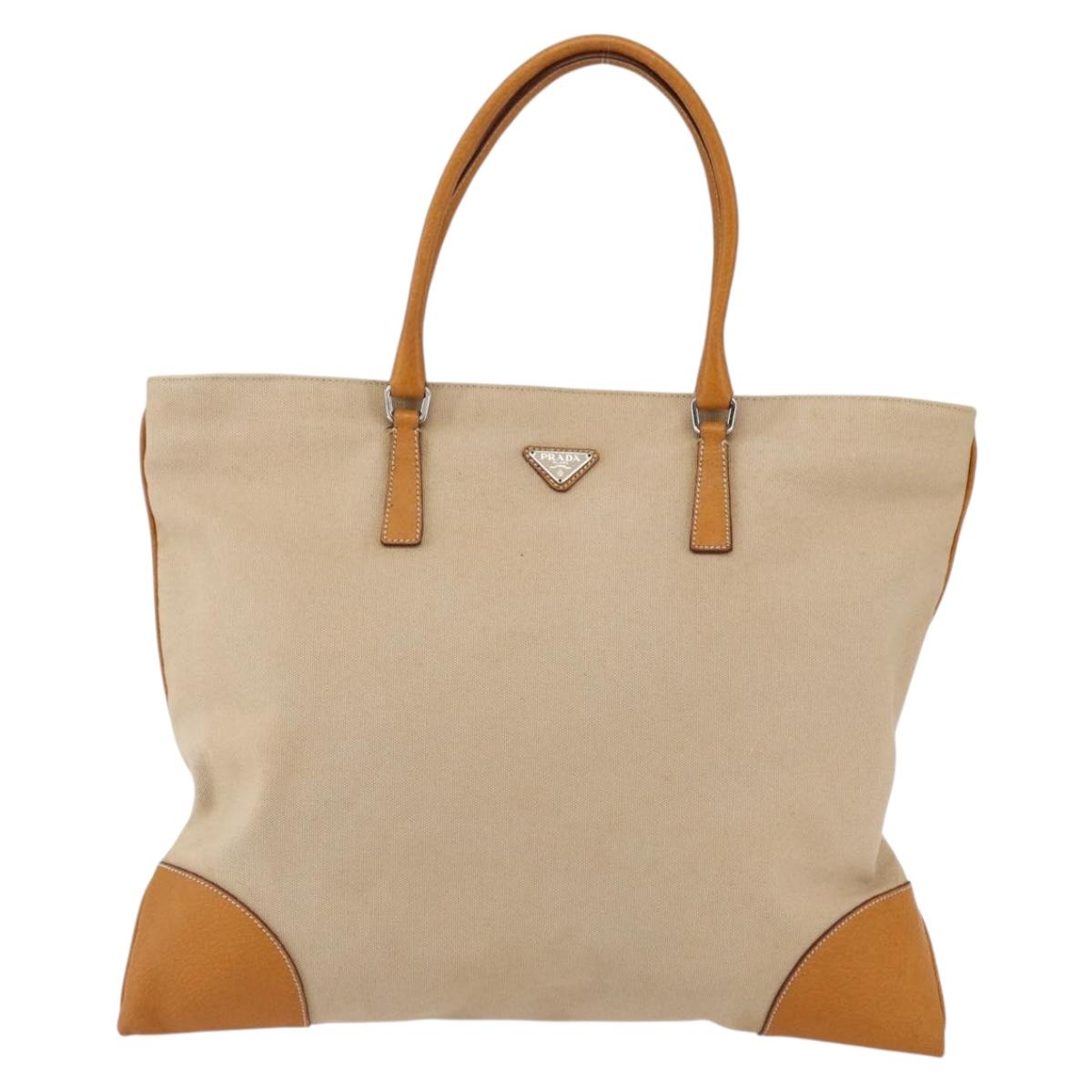 PRADA Hand Bag Canvas Beige Silver Auth kk627