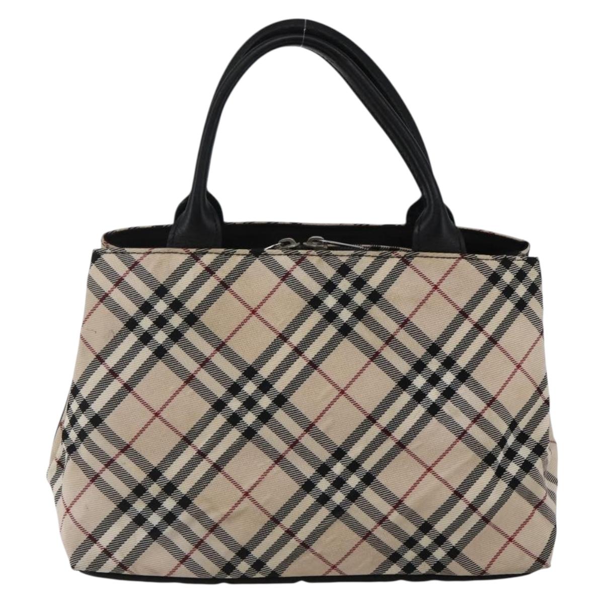 BURBERRY Nova Check Blue Label Hand Bag Nylon Beige Silver Auth kk628
