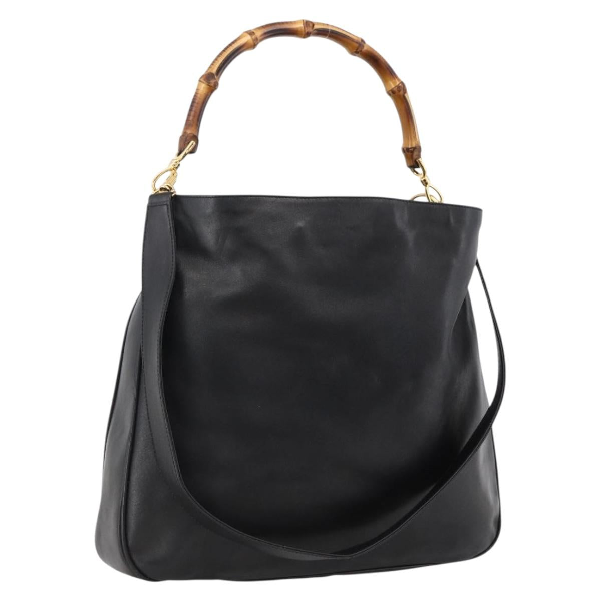GUCCI Bamboo Shoulder Bag Leather 2way Black Gold 001 1577 2615 Auth kk629