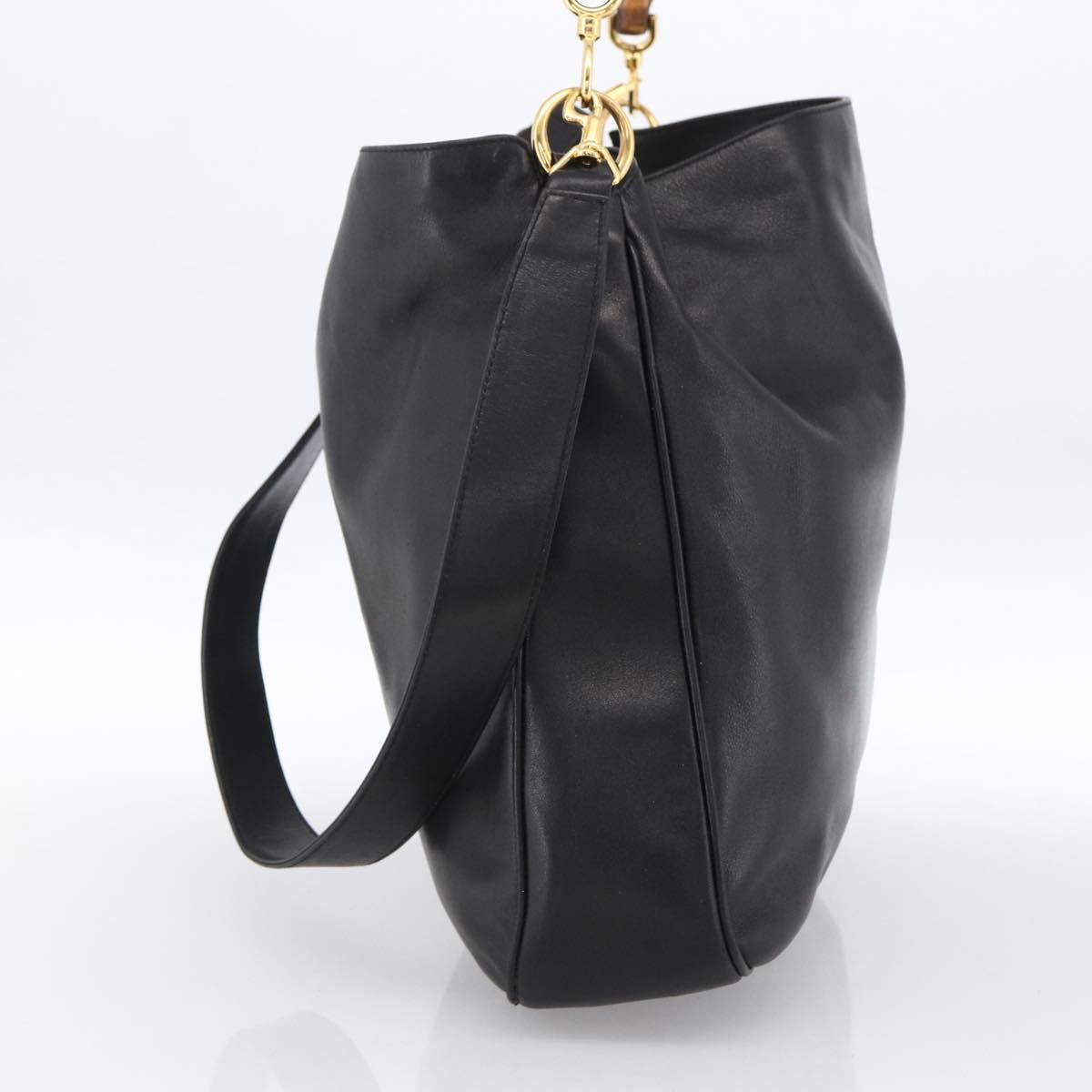 GUCCI Bamboo Shoulder Bag Leather 2way Black Gold 001 1577 2615 Auth kk629