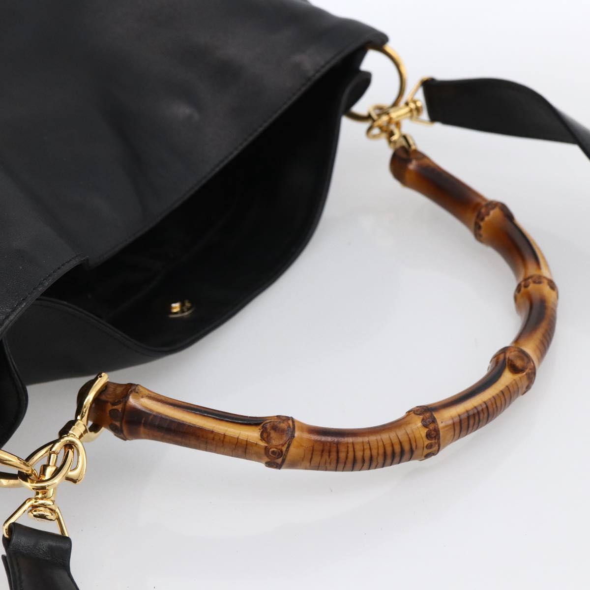 GUCCI Bamboo Shoulder Bag Leather 2way Black Gold 001 1577 2615 Auth kk629