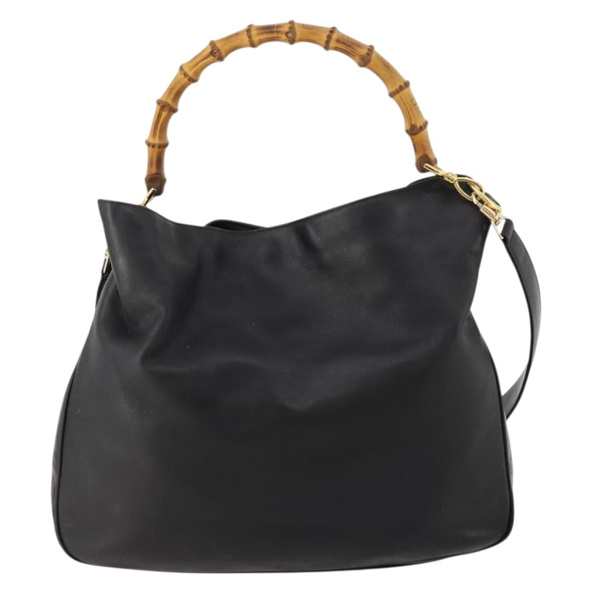 GUCCI Bamboo Shoulder Bag Leather 2way Black Gold Auth kk638