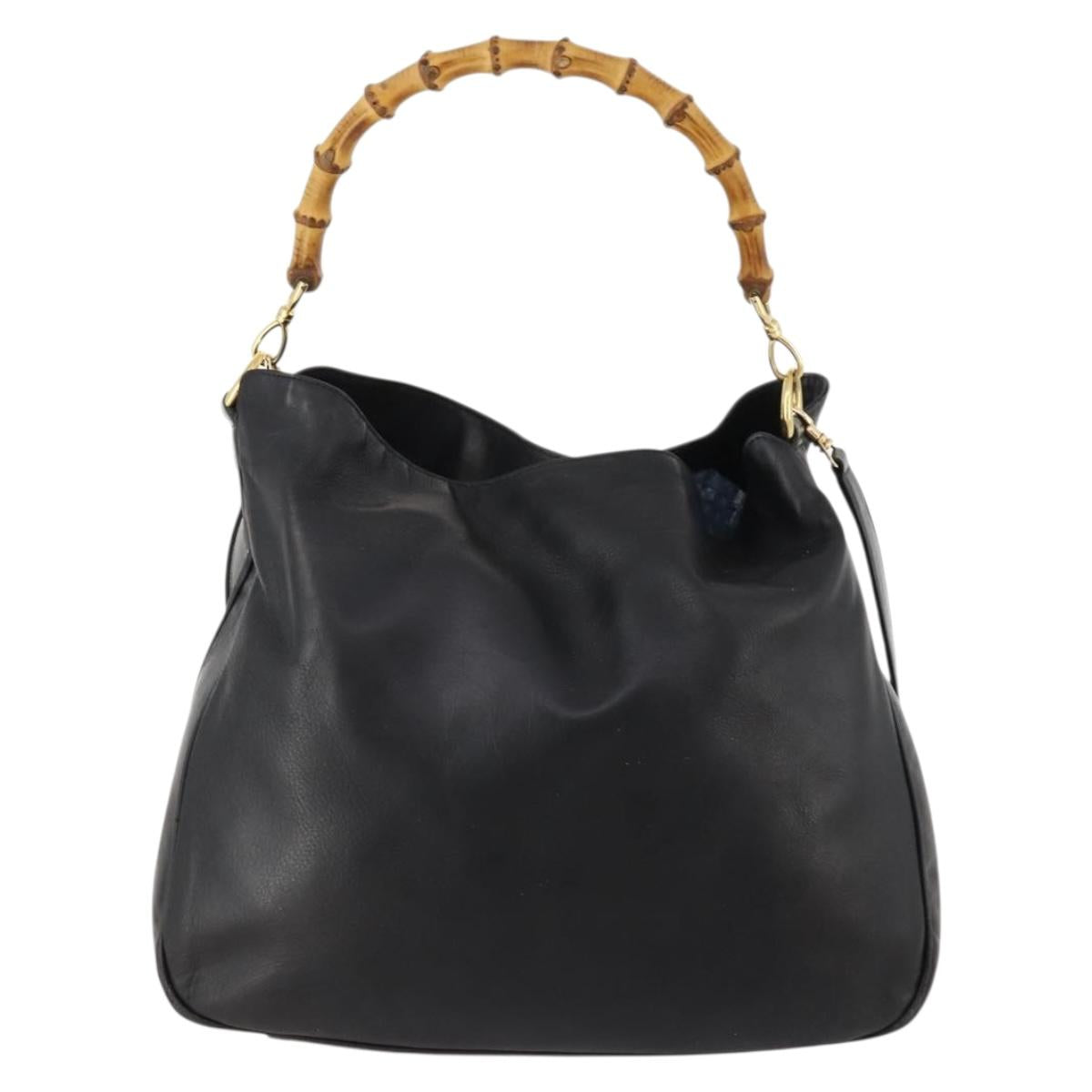 GUCCI Bamboo Shoulder Bag Leather 2way Black Gold Auth kk638