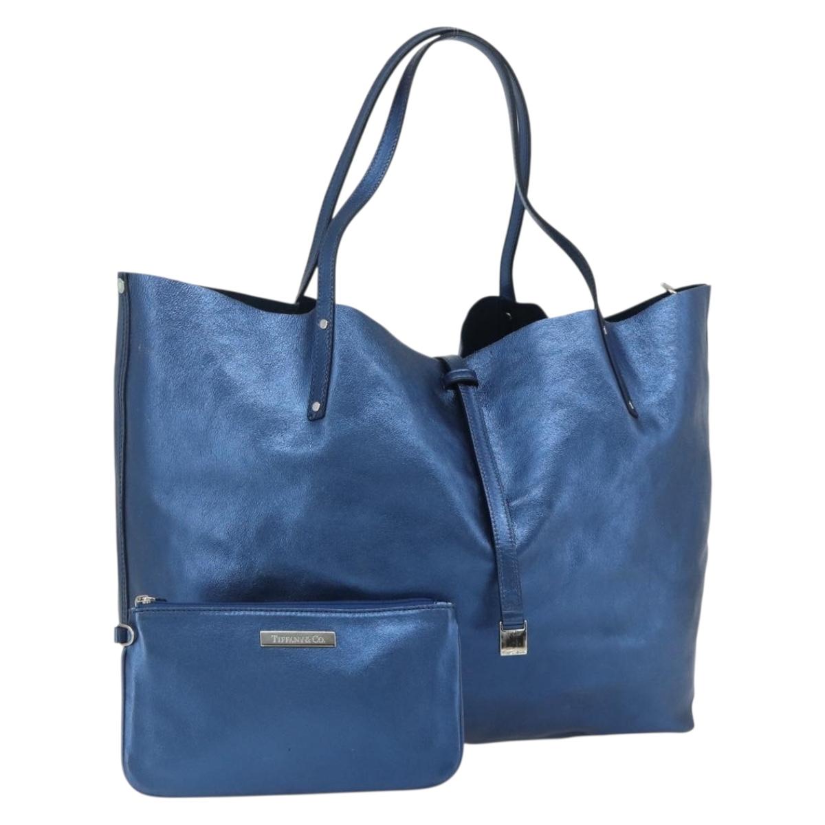TIFFANY&Co. Tote Bag Leather Blue Silver Auth kk660A
