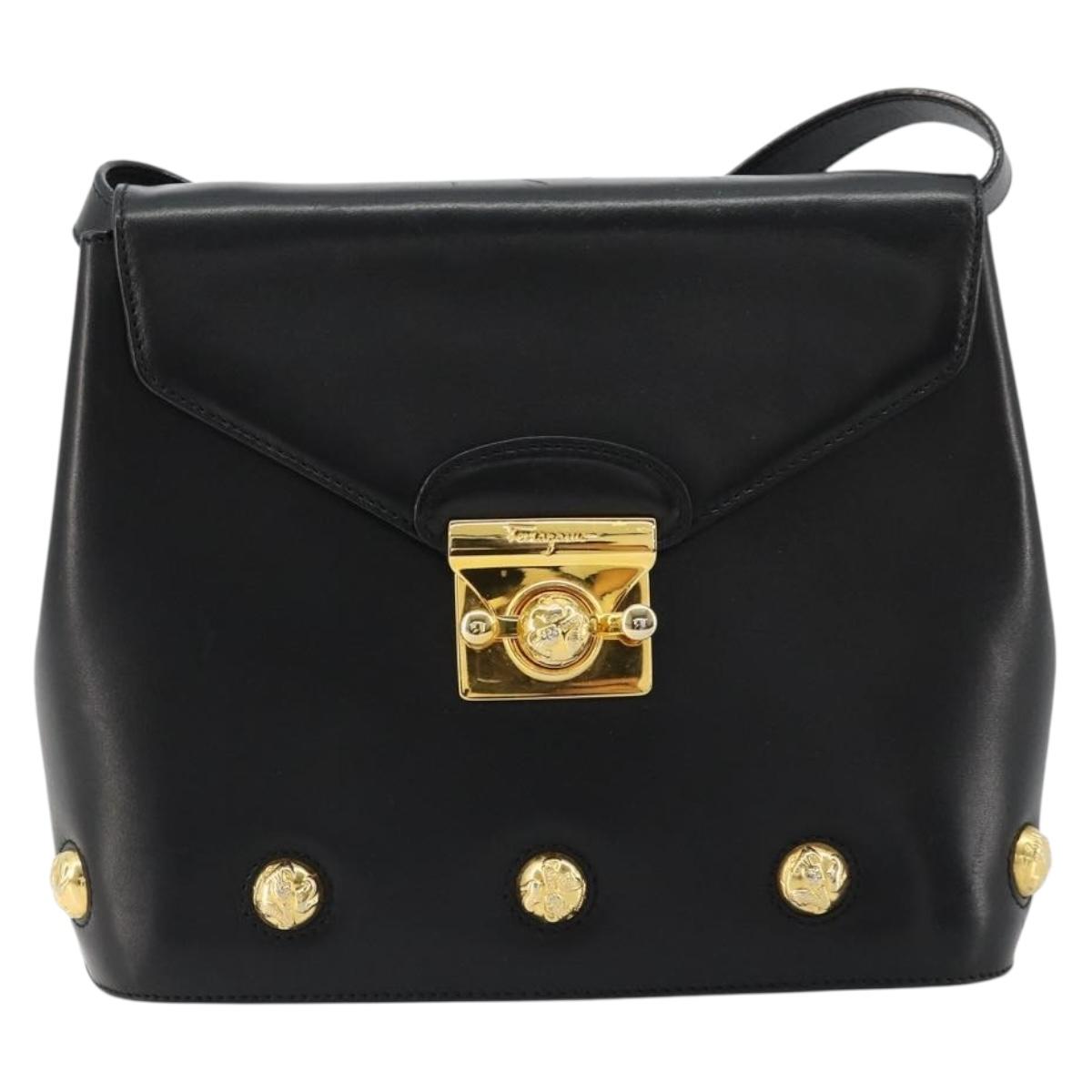 Salvatore Ferragamo Shoulder Bag Leather Black Gold Auth kk677