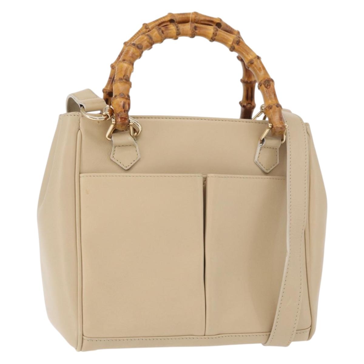 GUCCI Bamboo Hand Bag Leather 2way Beige Gold 000 2122 0316 Auth kk679