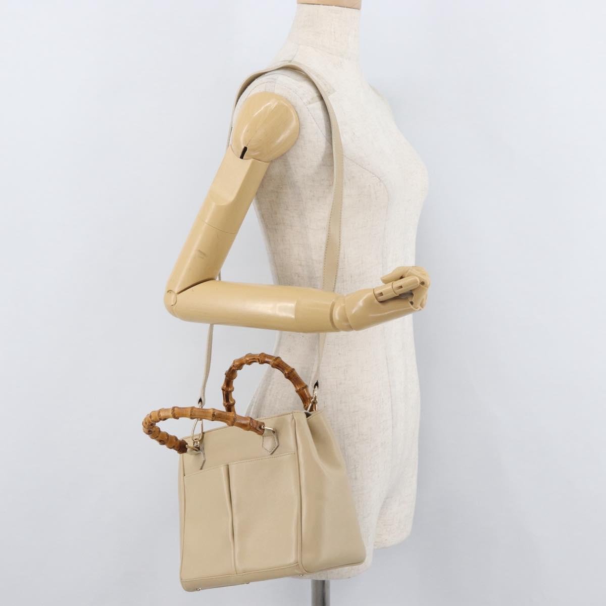 GUCCI Bamboo Hand Bag Leather 2way Beige Gold 000 2122 0316 Auth kk679