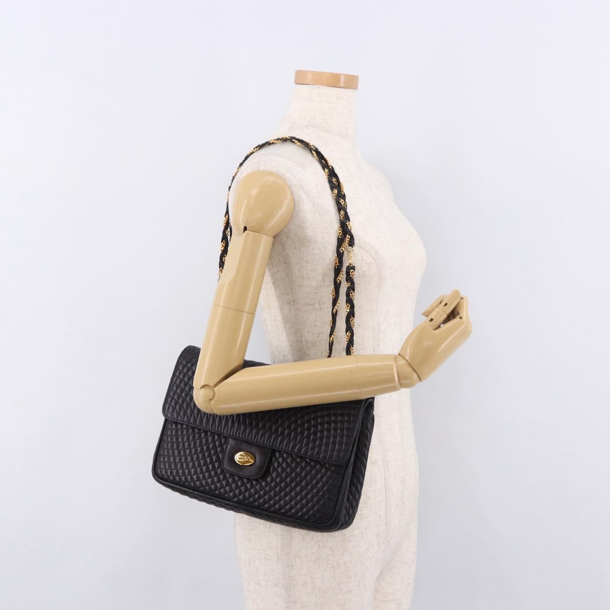 BALLY Chain Shoulder Bag Leather Black Gold Auth kk687A