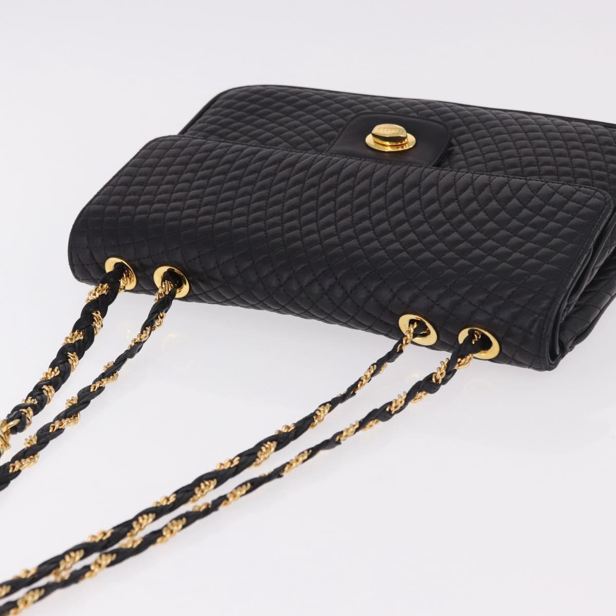 BALLY Chain Shoulder Bag Leather Black Gold Auth kk687A