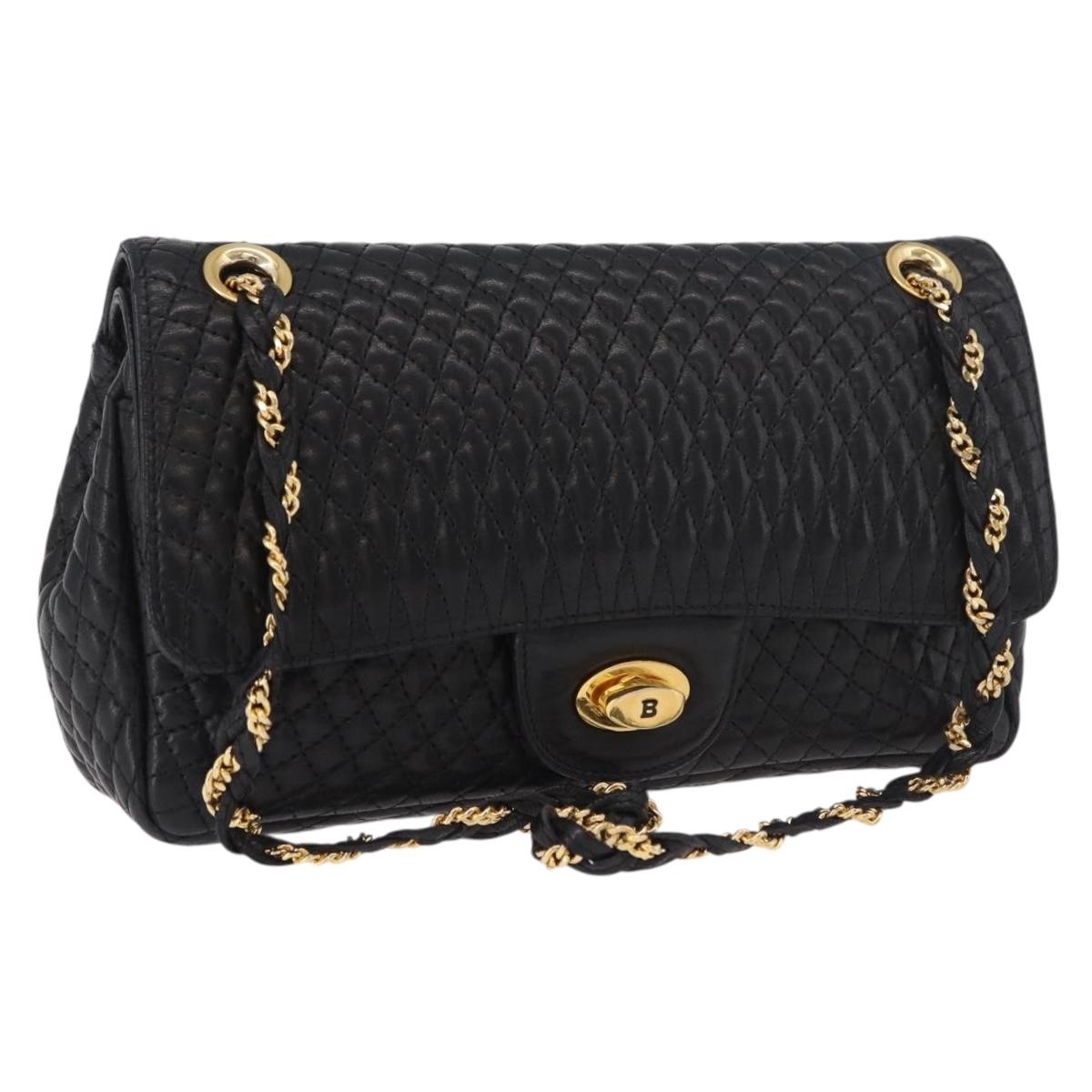 BALLY Chain Shoulder Bag Leather Black Gold Auth kk688A