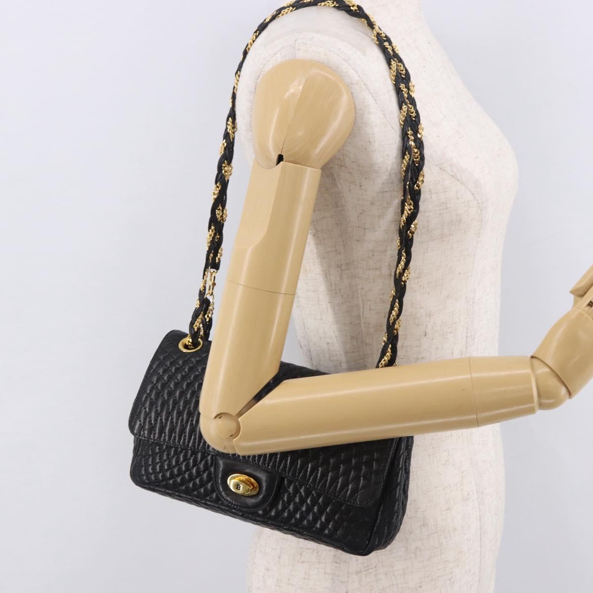 BALLY Chain Shoulder Bag Leather Black Gold Auth kk688A