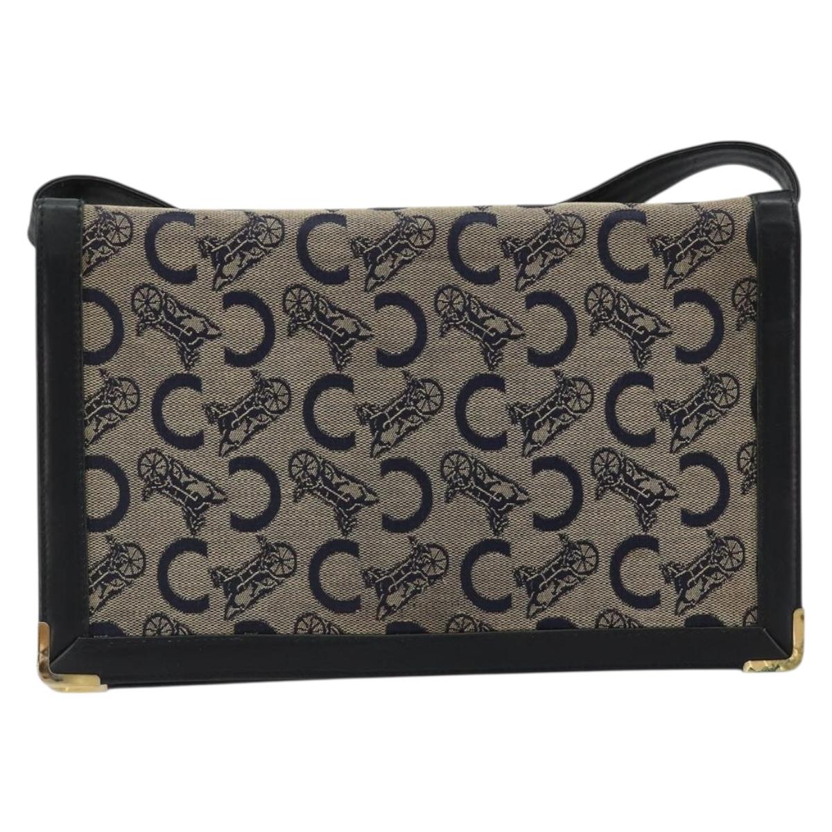 CELINE C Sulky Shoulder Bag Canvas Navy Gold Auth kk689