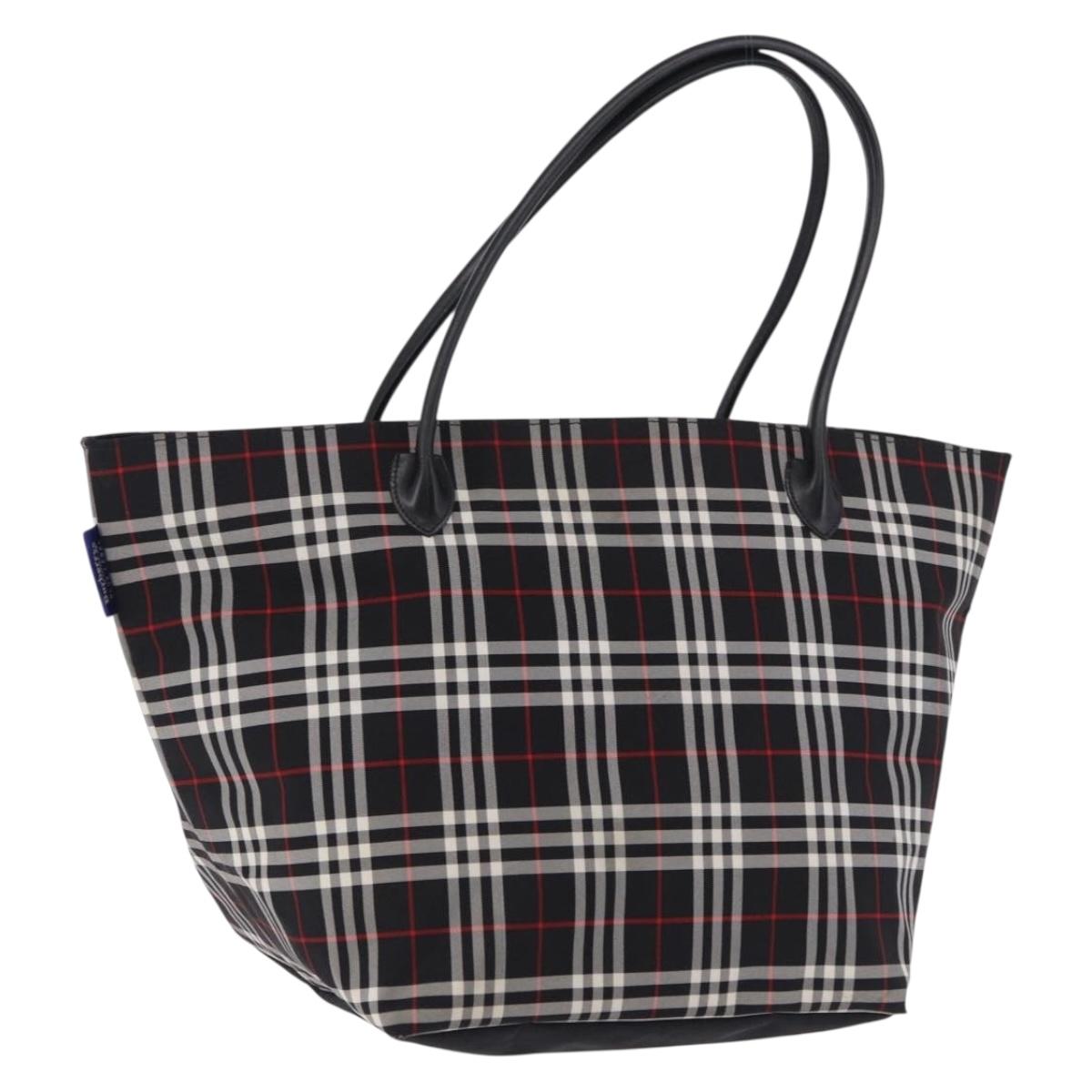 Burberrys Nova Check Blue Label Tote Bag Nylon Black Silver Auth kk690A