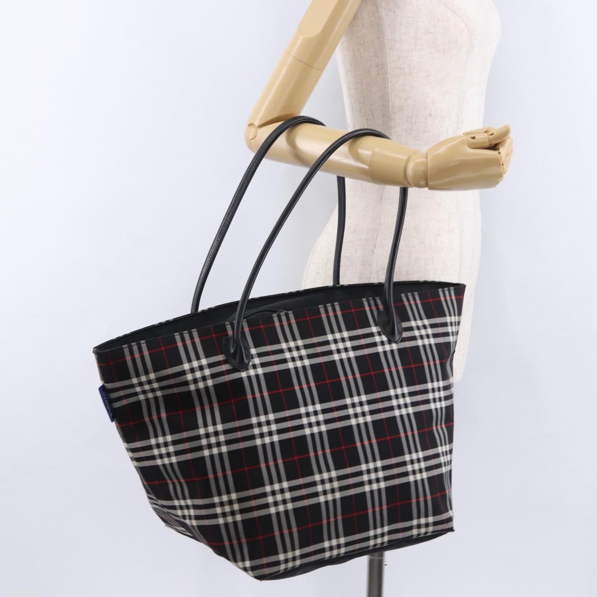 Burberrys Nova Check Blue Label Tote Bag Nylon Black Silver Auth kk690A