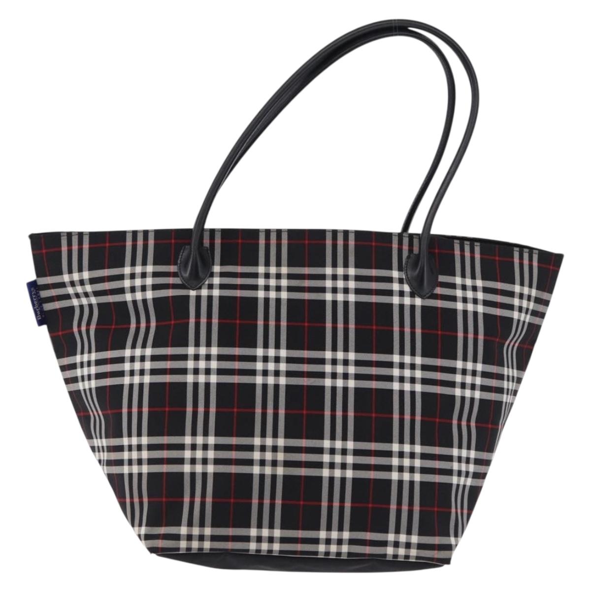 Burberrys Nova Check Blue Label Tote Bag Nylon Black Silver Auth kk690A
